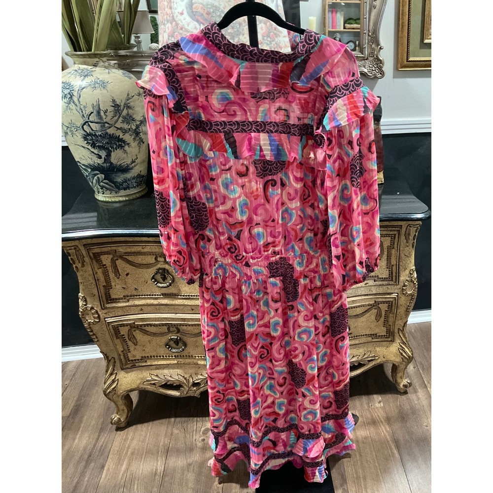 Lachine Vintage Pink Psychedelic Print Ruffle Midi Dress Tassel Smocked Waist